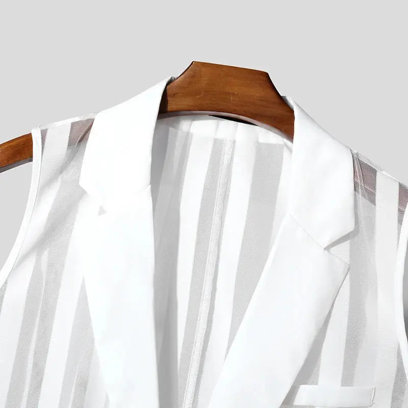 Men's white mesh striped sleeveless waistcoat with lapel, transparent streetwear vest on a hanger