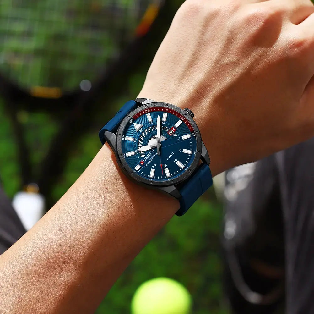 CURREN men's wristwatch with blue dial and blue silicone strap, black bezel