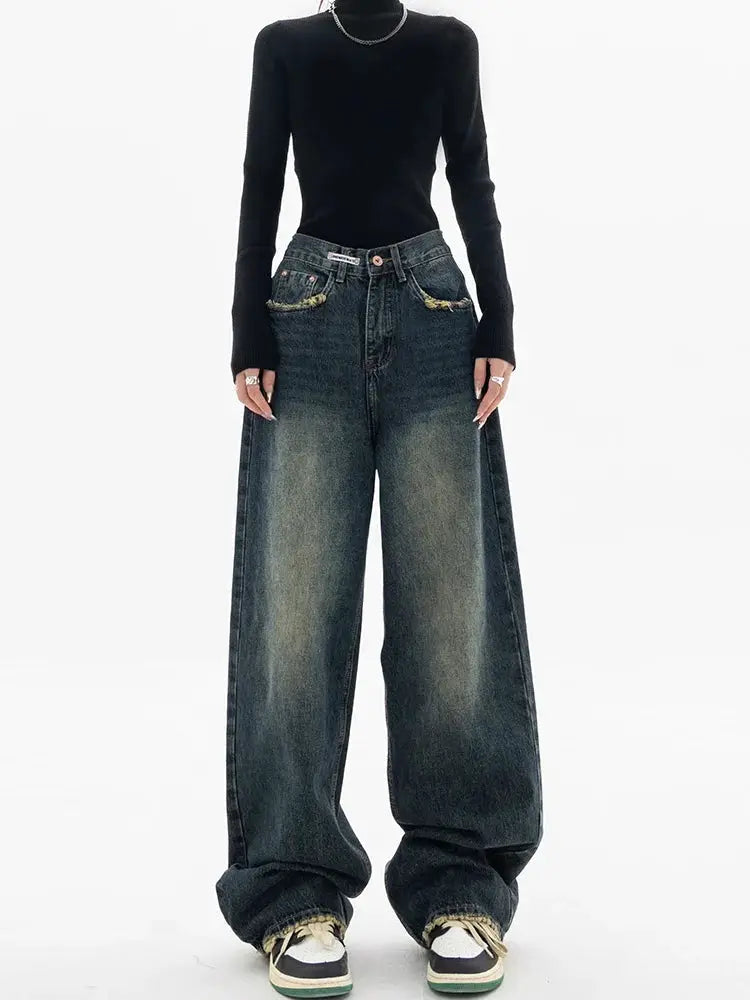 High Waist Wide Leg Jeans Women Harajuku Vintage BF Style Denim