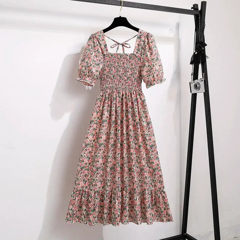 Chiffon Spring Summer A Line Dress For Women With Elastic Waist Pleated Short Sleeve Casual Flattering Fit