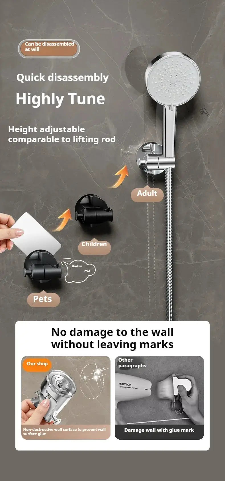 Simples Market round chrome shower head holder; wall-mounted adjustable bracket with self-adhesive base.