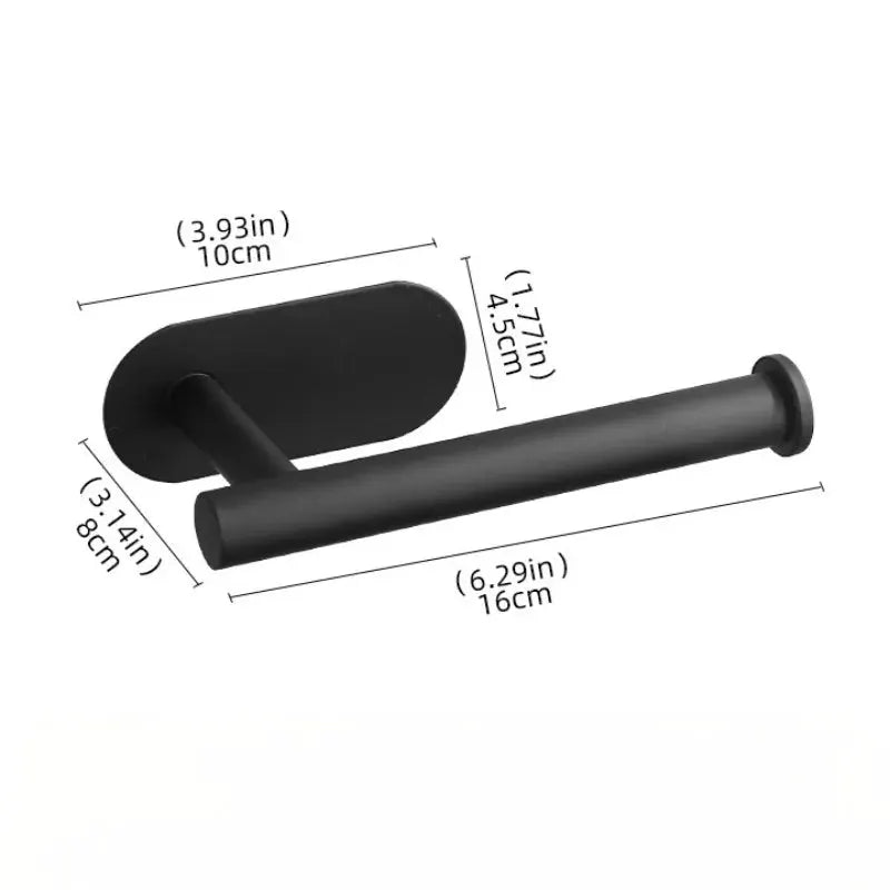 Simples Market black SUS304 stainless steel no-drill toilet paper holder with self-adhesive wall mount.