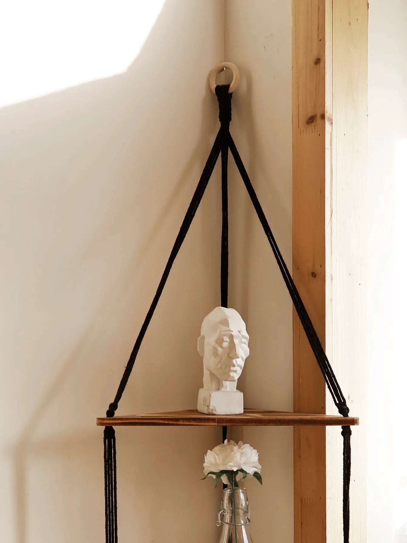 Wooden triangle corner shelf with black rope hanger, 1–3 tier floating display for boho wall decor