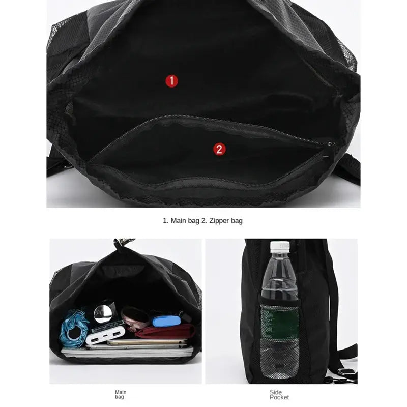 Backpack black solid color, Simples Market large-capacity unisex sports bag with main and zipper pockets