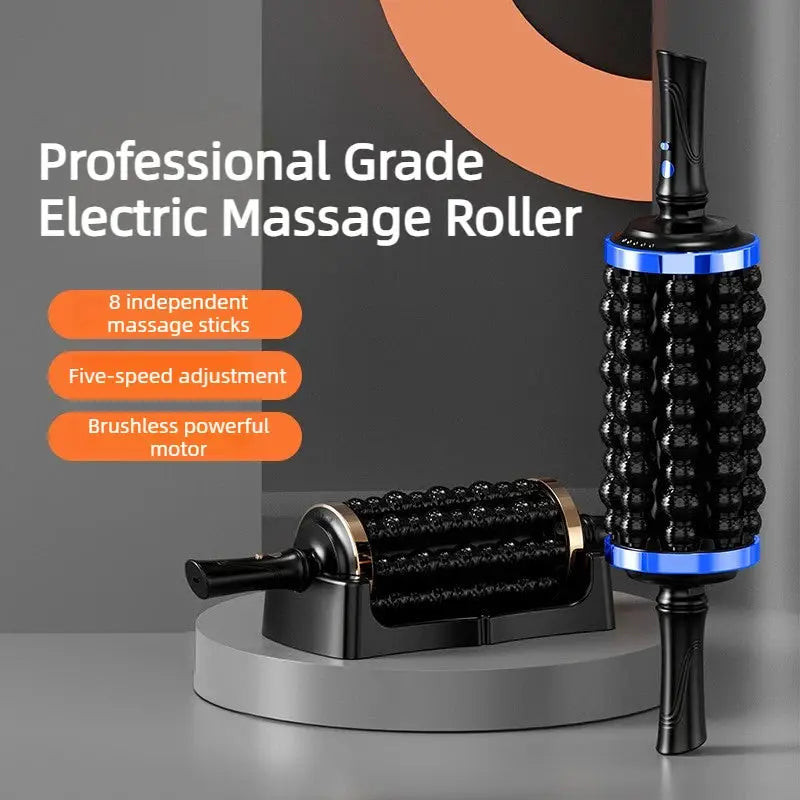Simples Market rechargeable percussive massager with 72 massage points; black handheld roller with blue accents