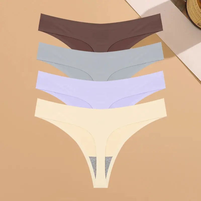 4-pack ice-silk seamless thong underwear by Simples Market in brown, gray, lavender, cream; low-rise bikini fit.