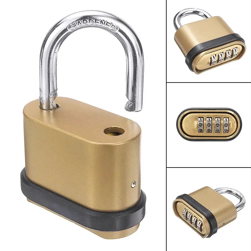Padlock with gold zinc alloy body and silver shackle, 4-digit combination dials, waterproof design