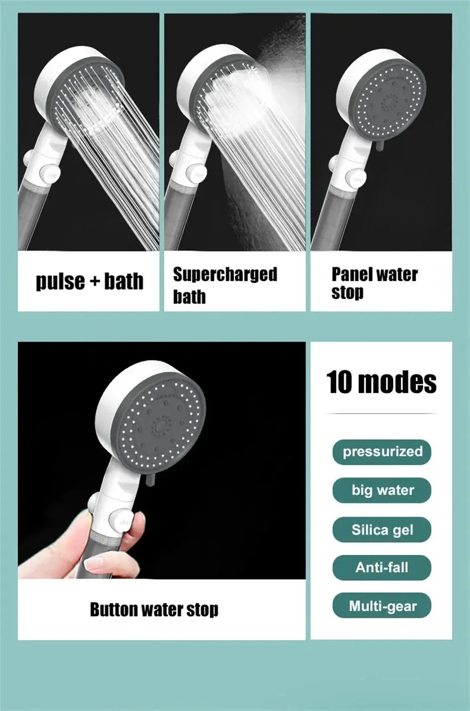 Handheld showerhead by Simples Market, 10-mode high-pressure filter with one-touch stop for water-saving
