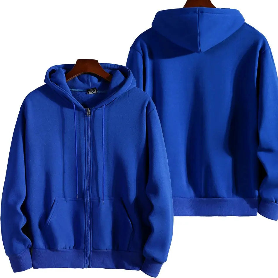 Blue zipper hoodie, solid color with front pockets, hooded style, Simples Market.