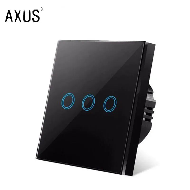AXUS touch switch panel, black tempered crystal glass with three blue LED rings, 3-gang wall switch