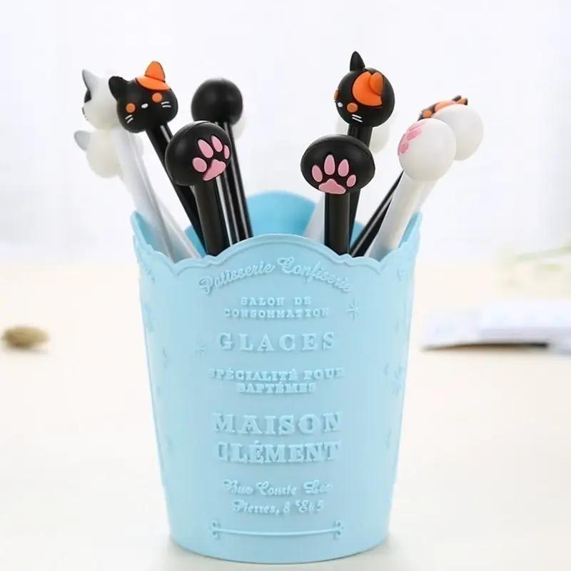 Kawaii cat gel pens set, 10pcs, paw-print toppers, black ink in blue pen cup