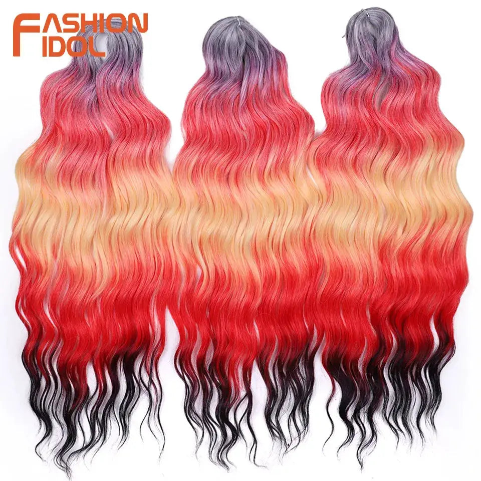 Anna 24in synthetic water-wave braiding hair extensions, ombre blonde to red to black, 3 bundles by Simples Market