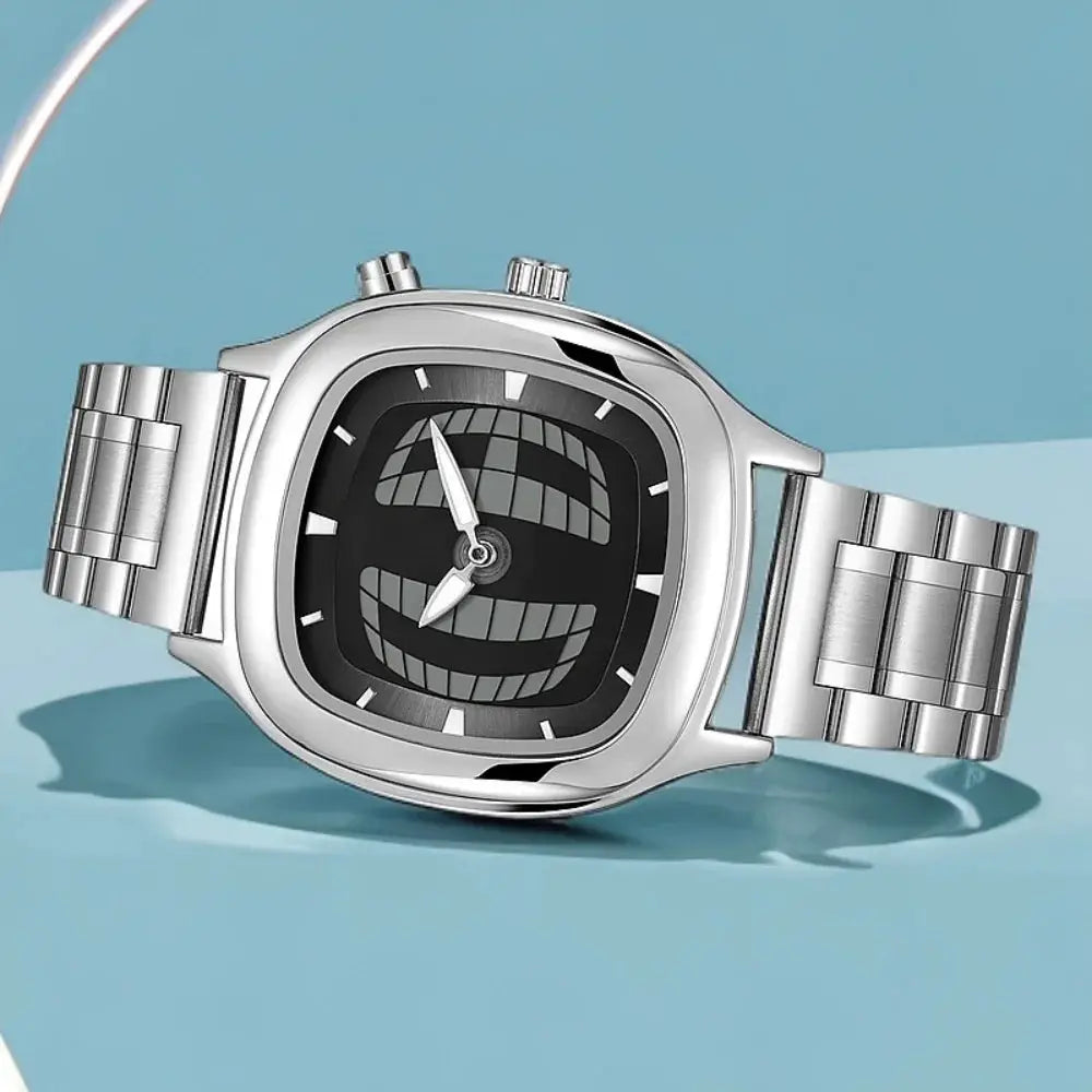 Men's dual-display stainless steel wristwatch with silver band and black dial.