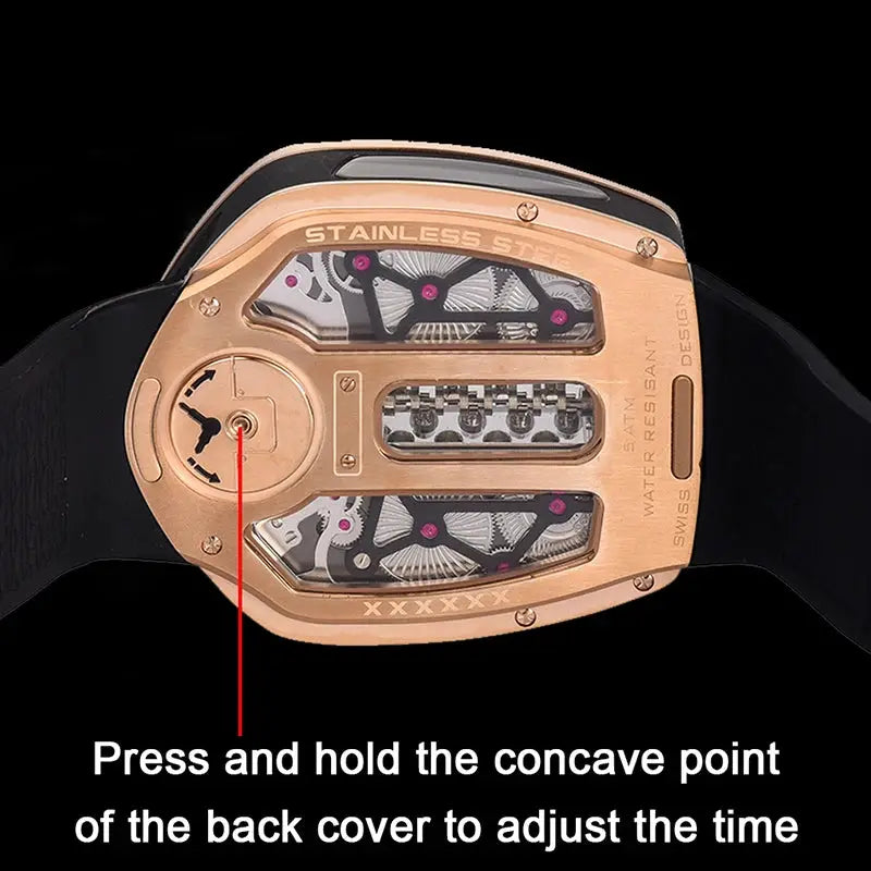 PINDU Design men's watch rose-gold stainless steel case with skeleton movement and black silicone strap