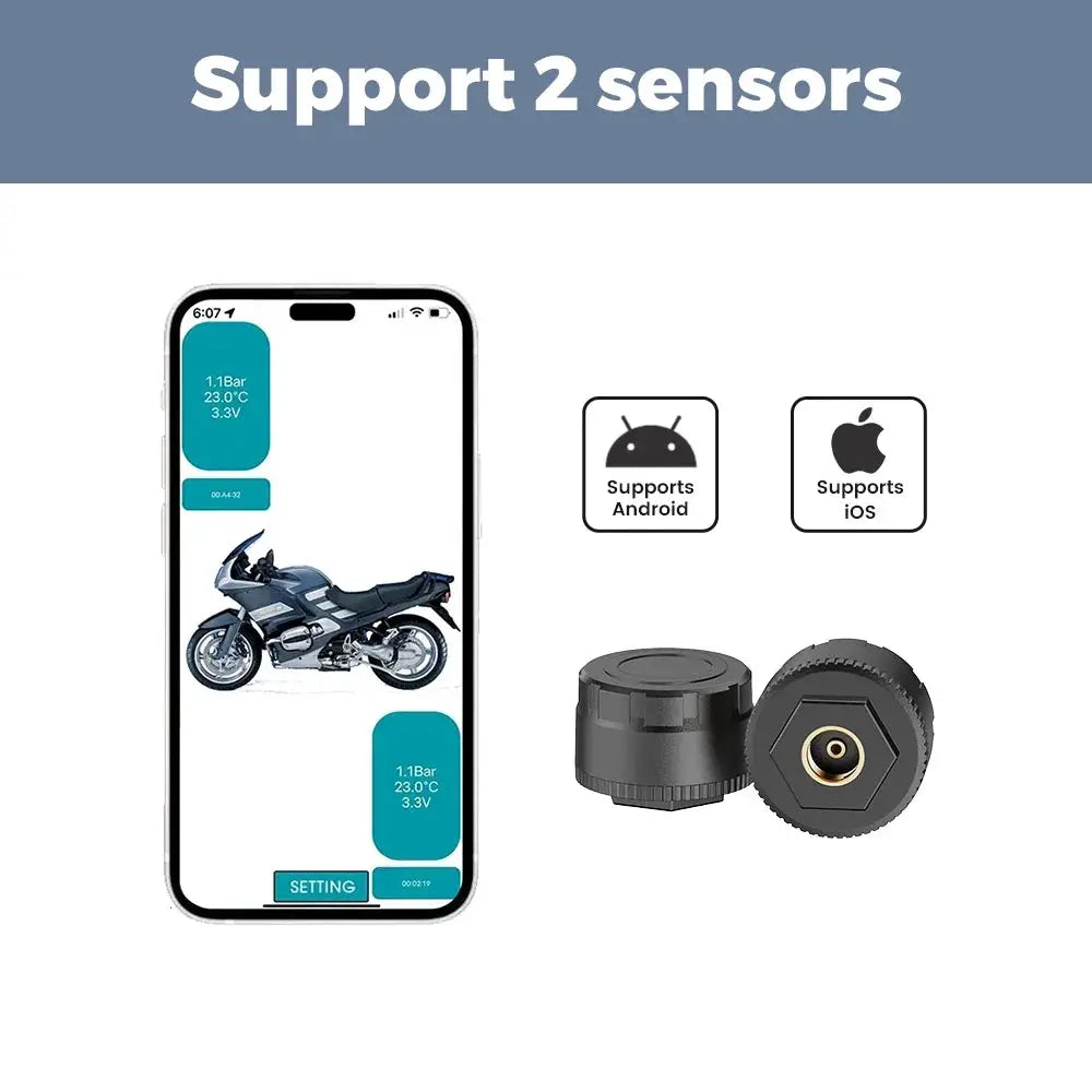 Navifly car TPMS with 2 black Bluetooth sensors; Android/iOS smartphone app display