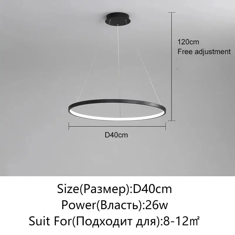Modern round LED pendant light, black ring with white inner LED, 40cm diameter, 120cm adjustable height