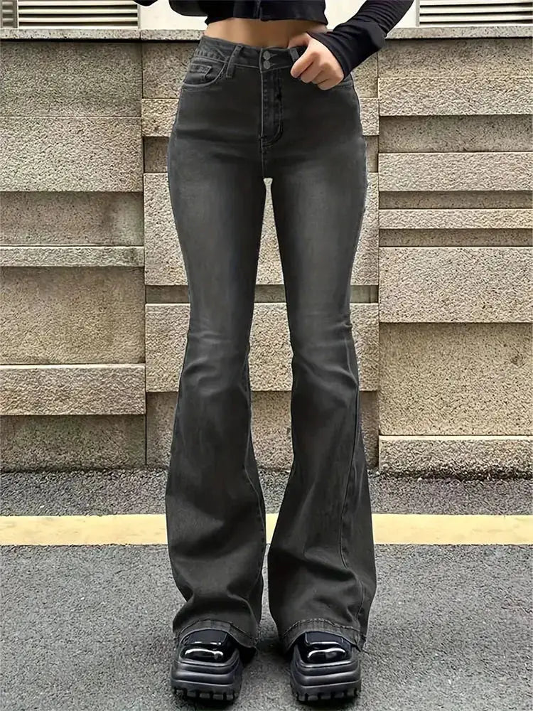 Women Flare Jeans High Waist Moustache Wash Denim Bell Bottom Y2K