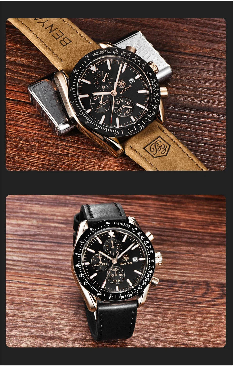 Two BENYAR men's watches; gold-tone steel case with tan leather strap, and a black-dial chronograph on black leather.