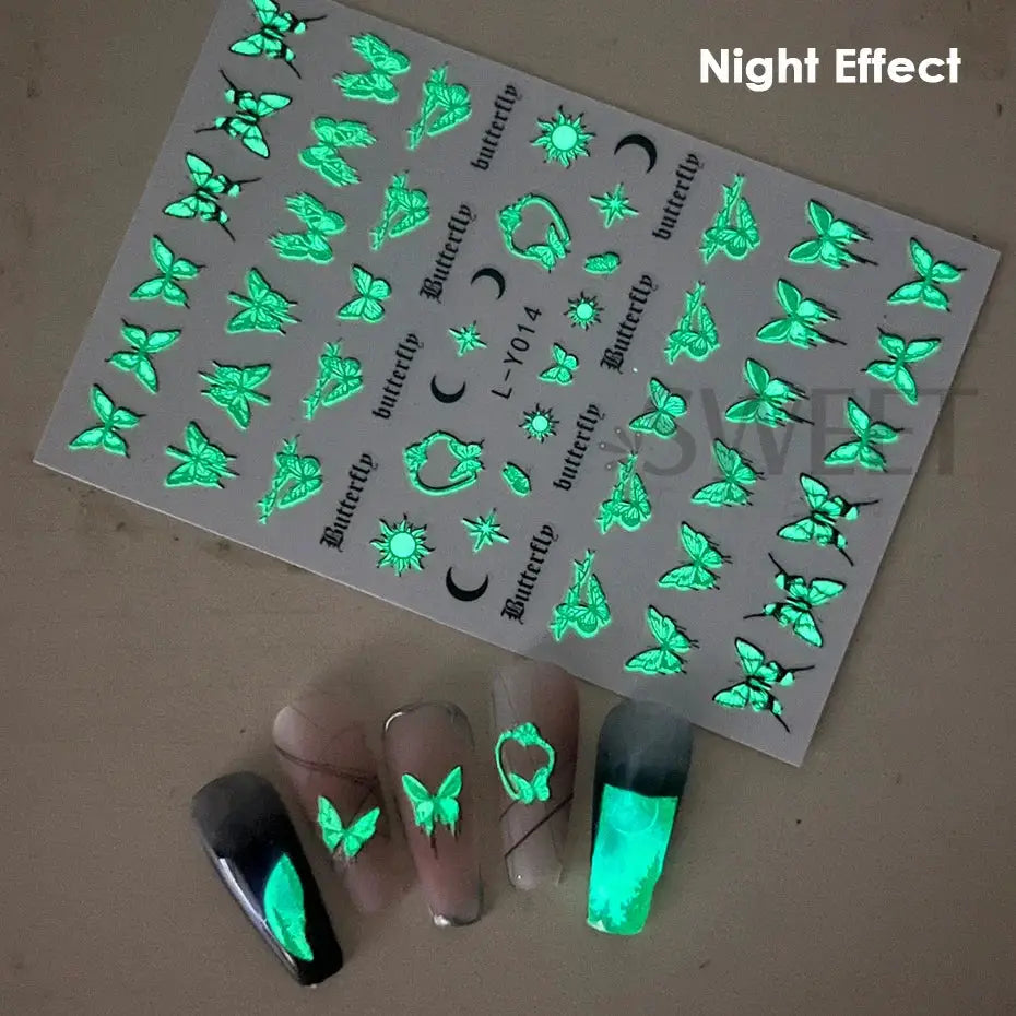 3pcs luminous butterfly nail decals by Simples Market; glow-in-the-dark blue-green butterflies for manicure