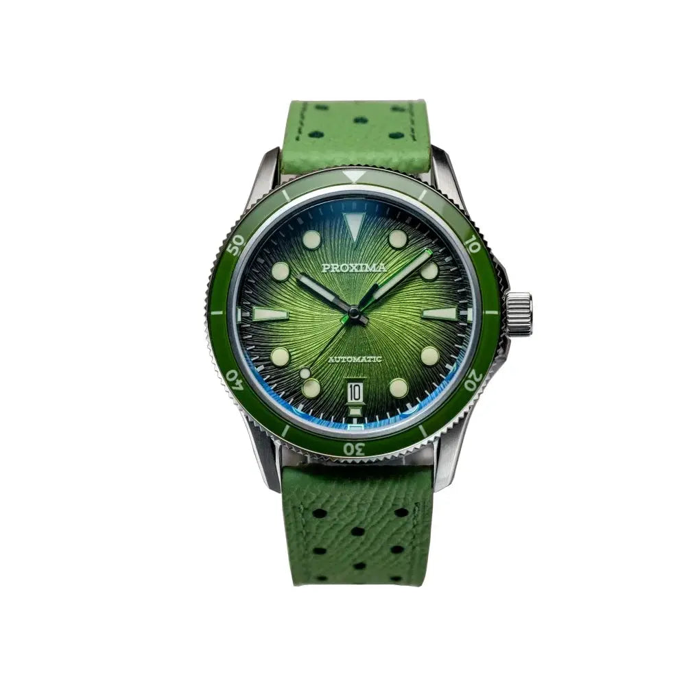 Proxima dive watch with green bezel, full luminous dial, 39mm, automatic, WR100m, green perforated strap