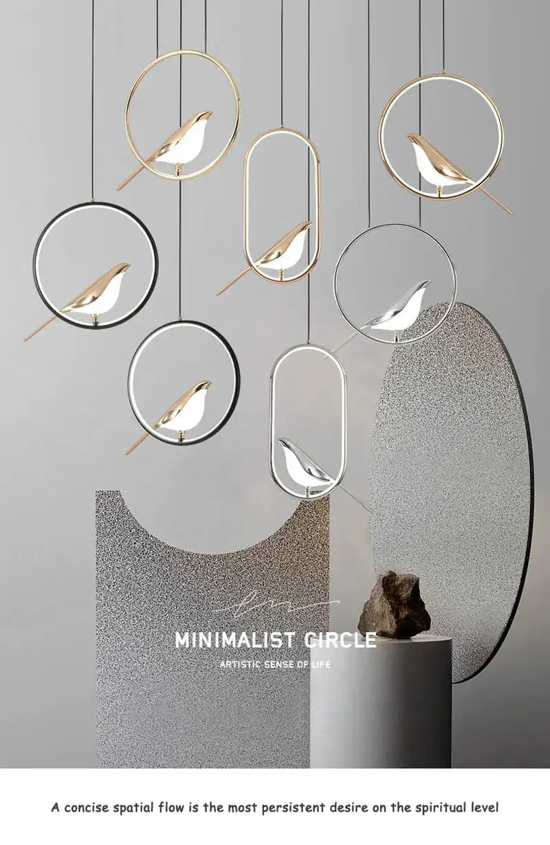 Rotatable Magpie Bird LED pendant lights by Simples Market in gold and silver circular frames for bedroom, modern hanging chandelier set