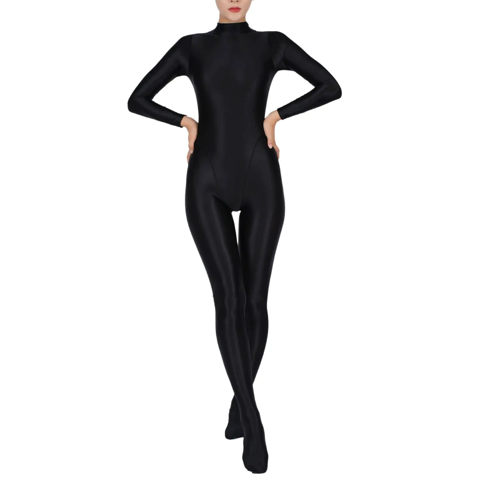 Simples Market women's black full-body jumpsuit, long-sleeve footed bodysuit for gym and yoga