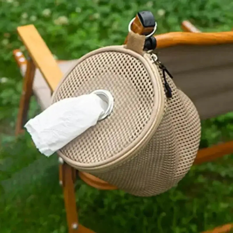 Simples Market beige woven camping tissue case with hook for tent hanging and roll paper storage