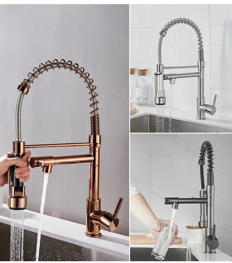 Kitchen faucet with pull-down sprayer, single-handle spring design; Simples Market, 3 finishes: copper, silver, gunmetal