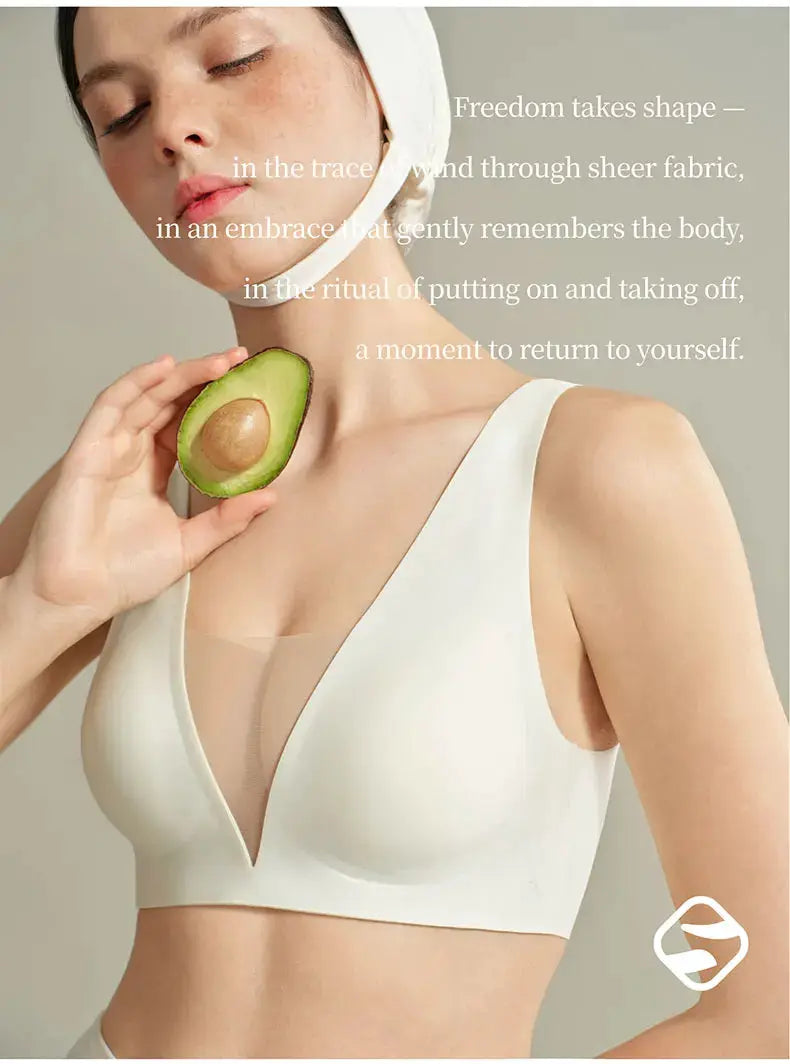 Bra SUJIIN white seamless plunge push-up, wireless deep-V mesh design