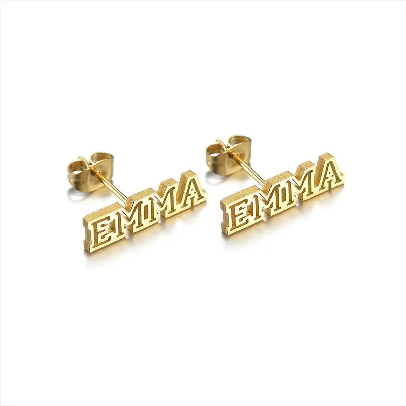 EMMA name earrings, gold-tone stainless steel pair by Simples Market