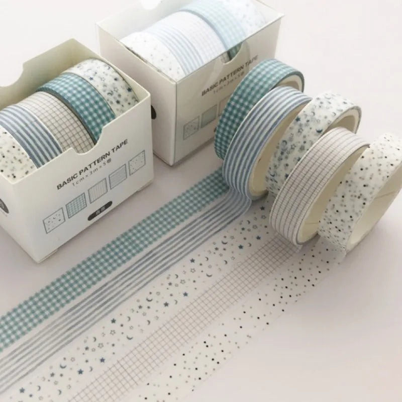 Washi tape 5-pack by Simples Market, blue and white patterned rolls (stripes, checks, dots)