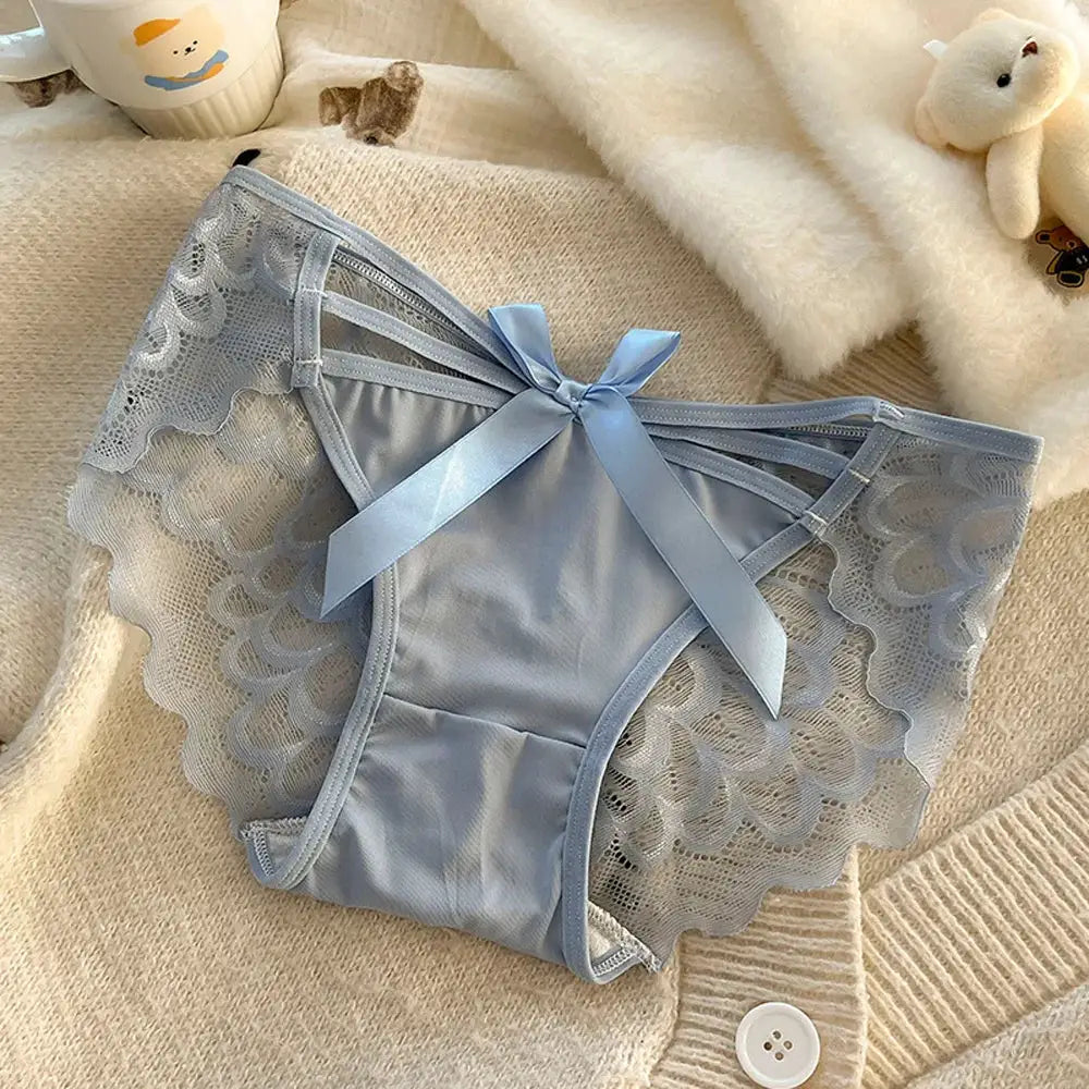 Light blue women's lace panties with satin bow, sheer side panels, scalloped edges, and mid-low rise for breathability.