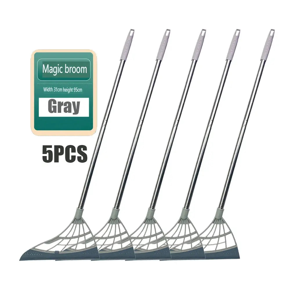 5-piece gray silicone window cleaning broom with long metal handles and grid-style squeegee heads