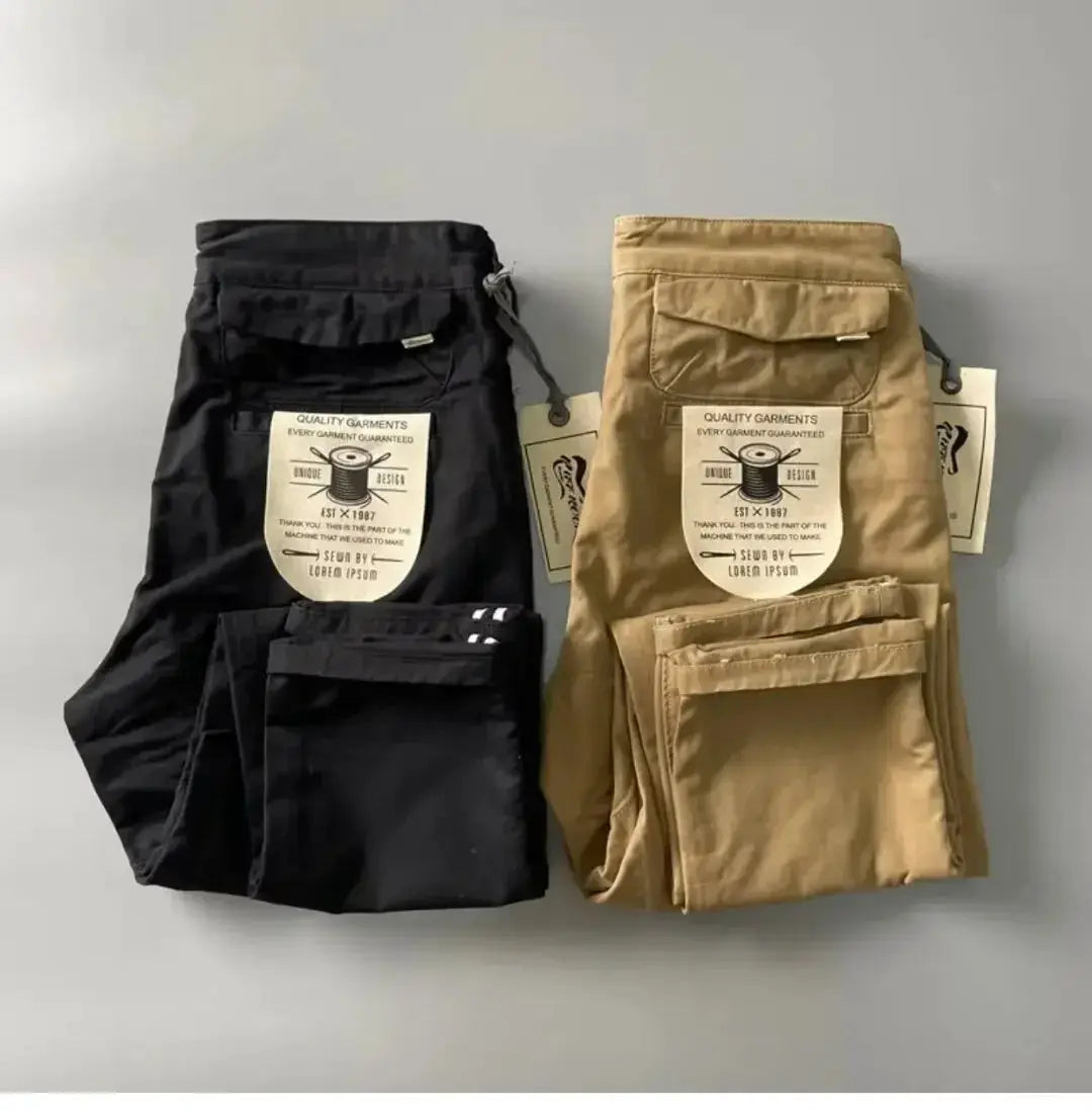 Simples Market cargo pants, American Style, pure cotton, heavy duty, men's loose straight-leg, black & khaki (2-pack)