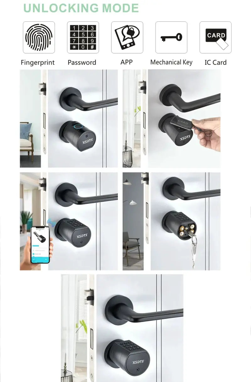 Black cylindrical smart door lock with fingerprint sensor and keypad, Tuya APP control (XSDTS)