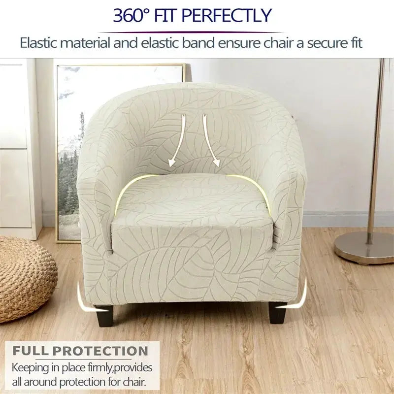 Elastic club chair cover by Simples Market in cream leaf jacquard for a single-arm chair.