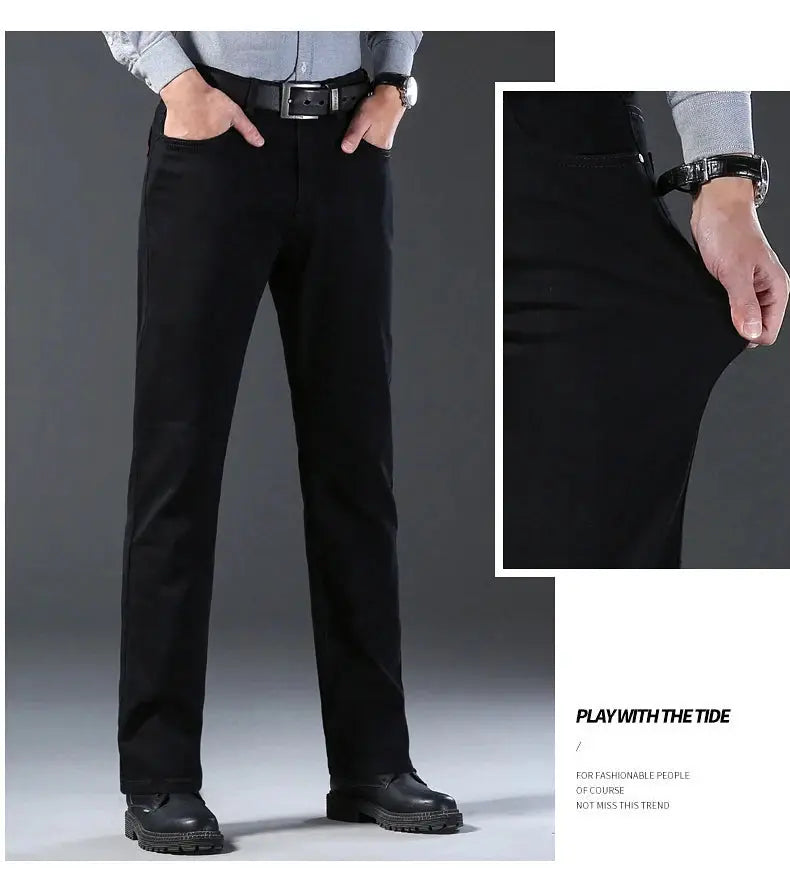 Men's black jeans, Simples Market, slim straight fit with stretch denim and belt.