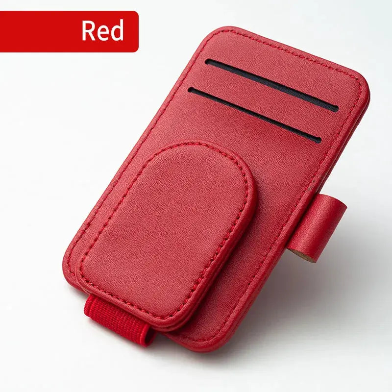 Red leather car sun visor sunglasses holder with magnetic clip, card slots and pen holder by Simples Market