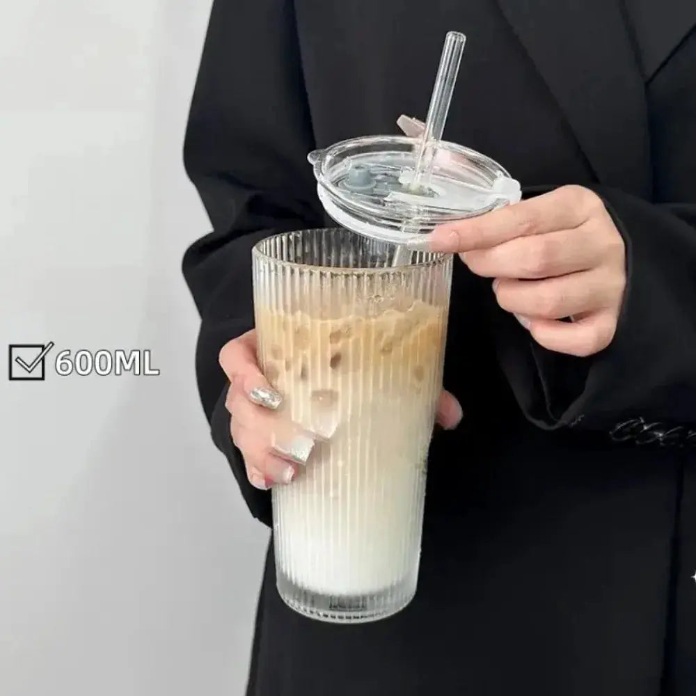 600ml Stripe Glass Cup With Lid And Straw Transparent Drinking Glass