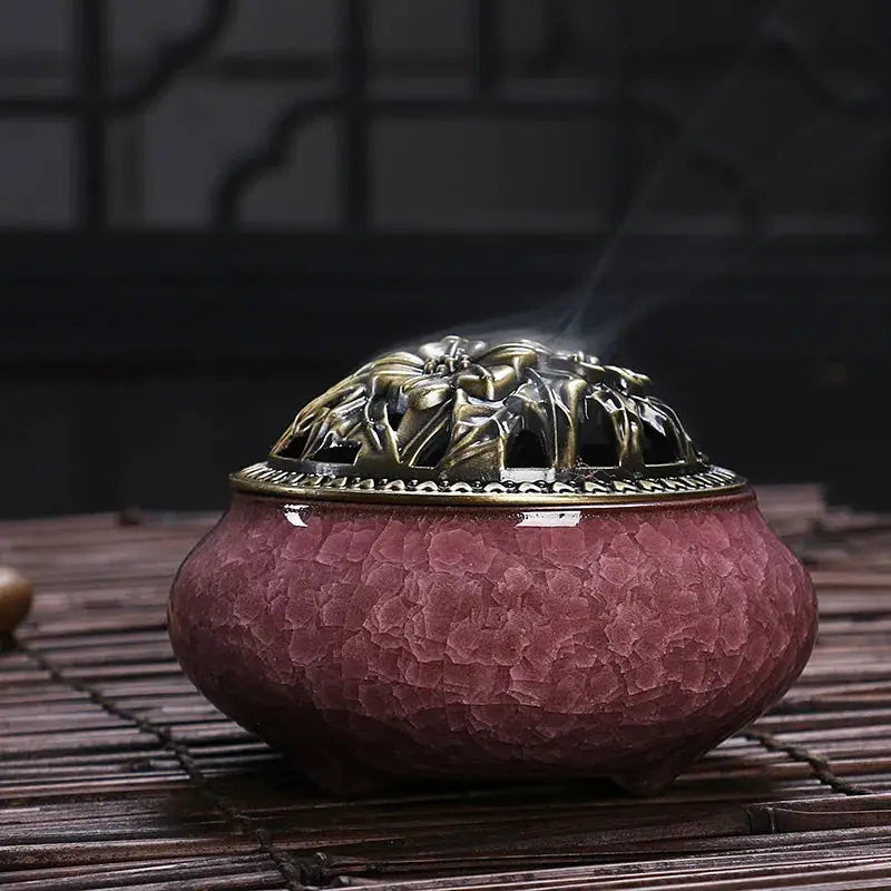 Ceramic Ice Crack Plate Incense Burner With Antique Copper Cover Aroma Diffuser Home Decor