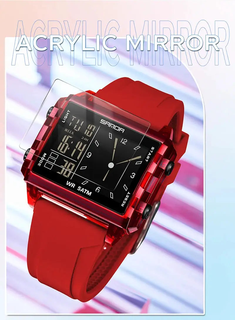SANDA 6273 red square dual-time wristwatch with acrylic mirror display