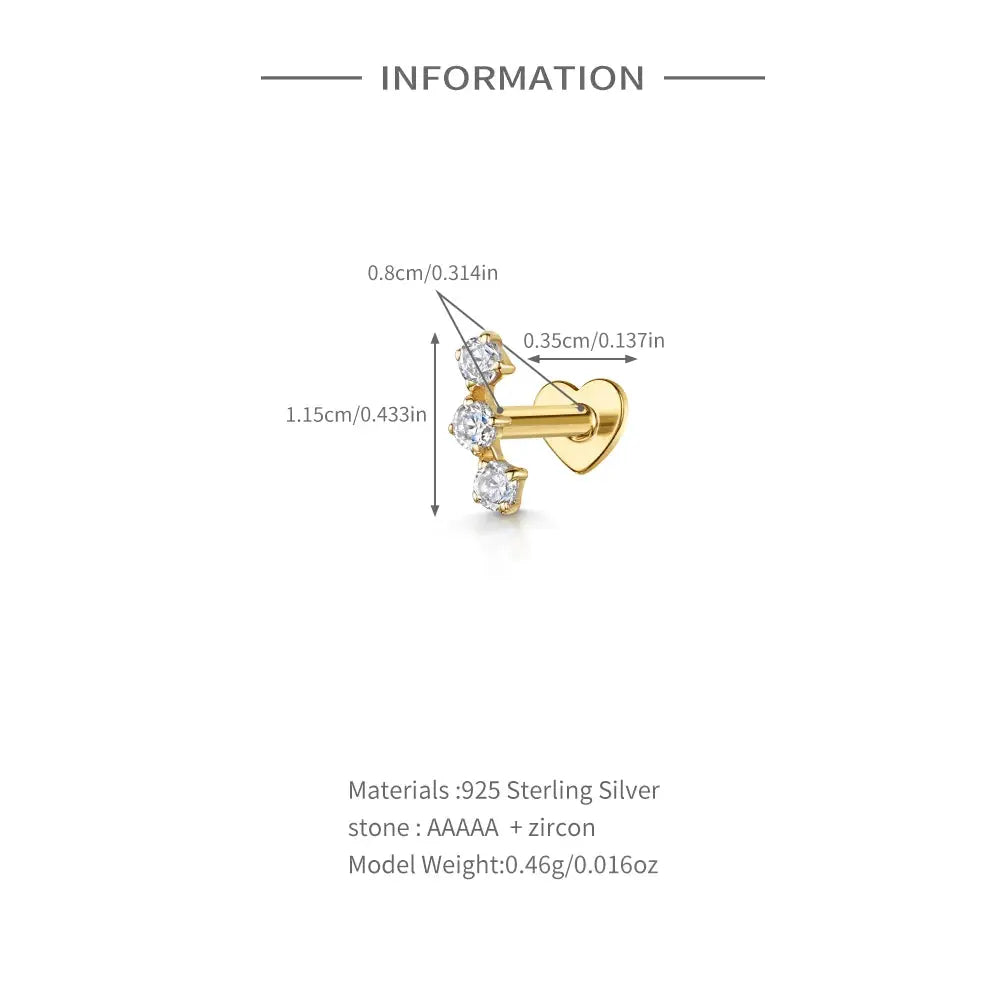 AIDE Heart Round Ball Flat Helix Piercing Earring in gold-tone 925 sterling silver with three clear zircon stones
