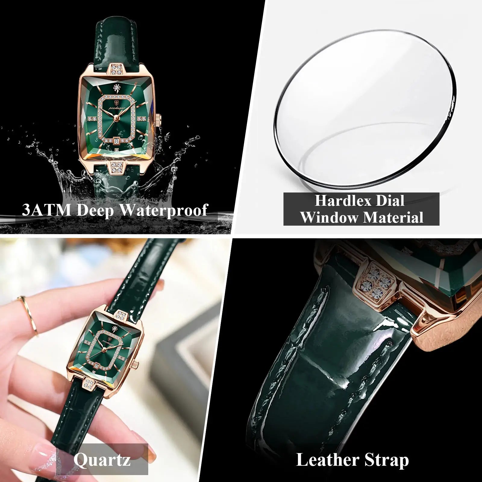POEDAGAR luxury women’s quartz wristwatch with green dial, gold-tone case, leather strap; hardlex dial window