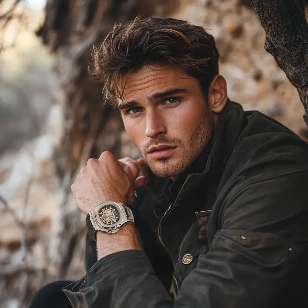 Men automatic skeleton watch by Simples Market, silver stainless steel bracelet, outdoor rugged style.