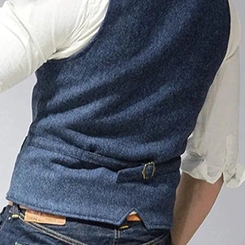 Simples Market V-neck men's tweed waistcoat in navy herringbone, slim fit for wedding/groomsmen.