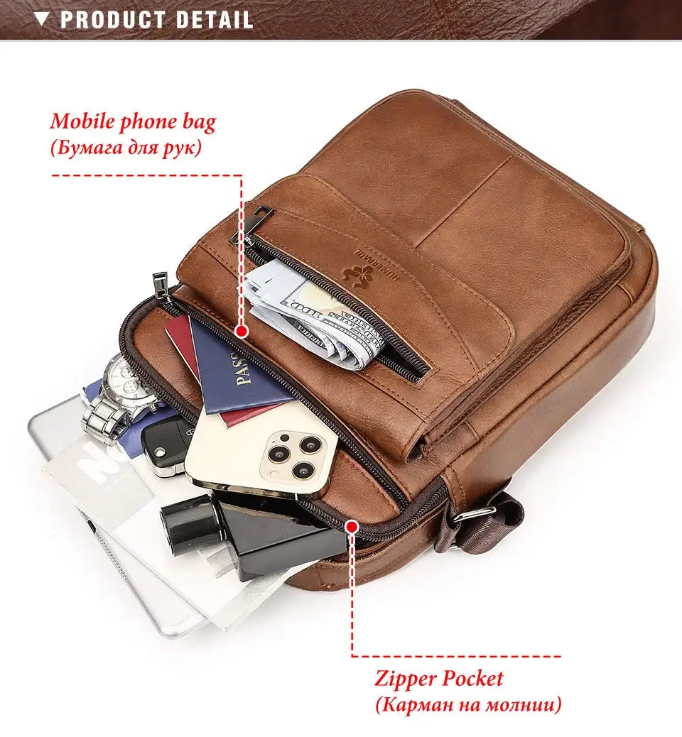 HUMERPAUL genuine leather small men's messenger bag in brown by Simples Market; crossbody with front zip pocket.