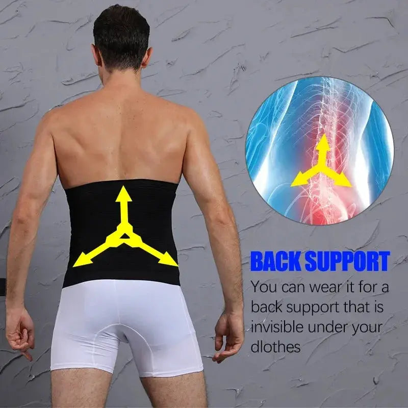 Men's black waist cincher body shaper with back support, tummy control, and abdomen compression shapewear