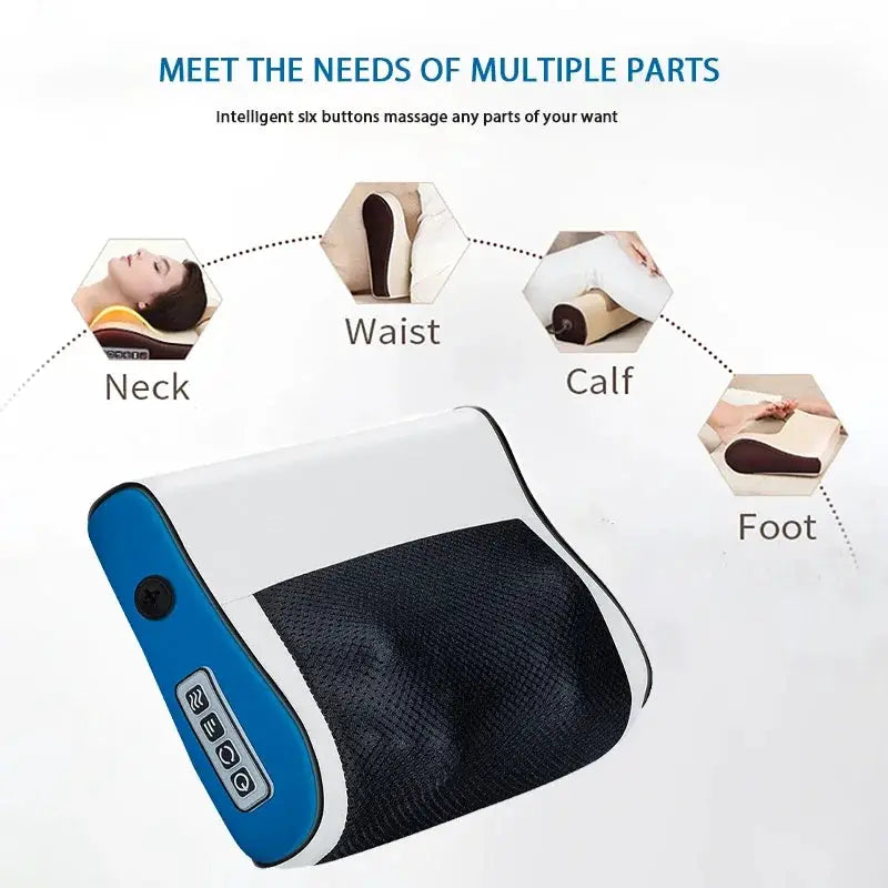 Simples Market multi-functional neck and shoulder massager with hot compress; blue and white, six-button control panel.