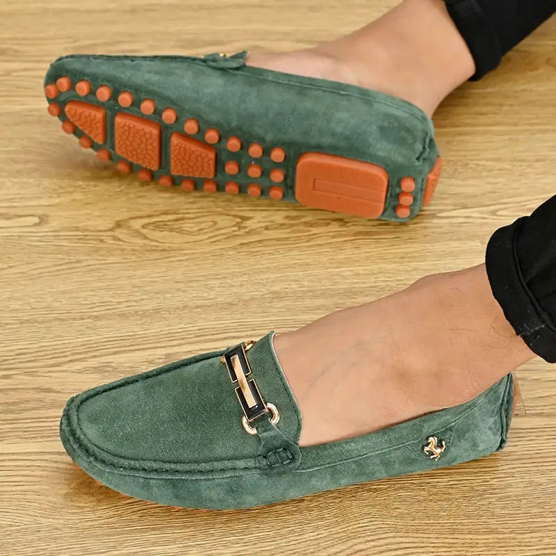 YRZL green suede loafers for men with slip-on moccasin style and orange outsole grip pads