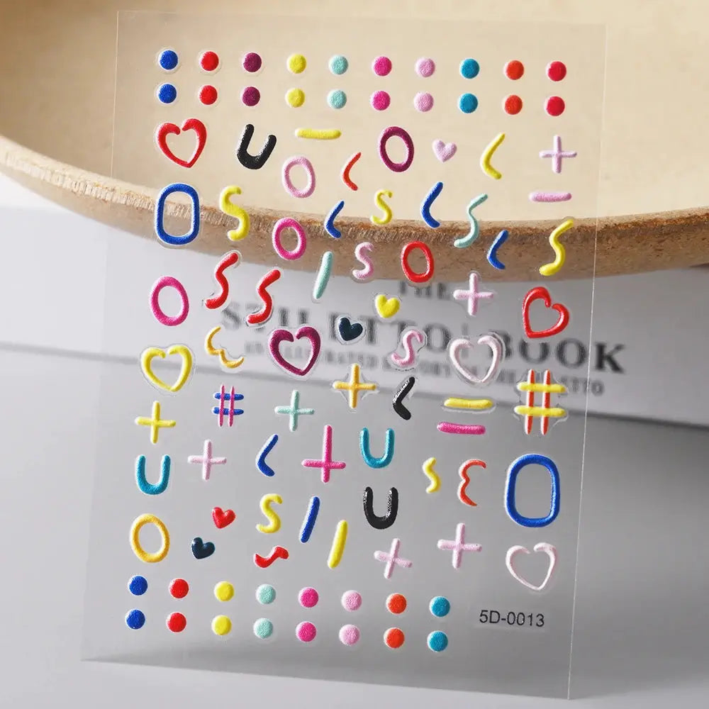 Simples Market 5D embossed nail sticker sheet with colorful letters, hearts and symbols for manicure decor